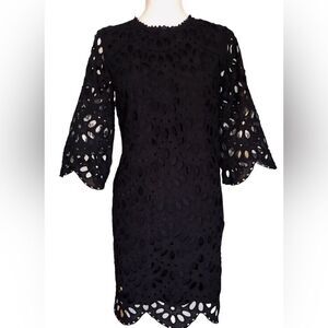 EUC Ann Taylor 3/4 sleeve crochet eyelet dress 8P cotton blend black